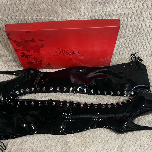 NWB SIZE 9 PLEASER ADORE3050 BLACK 7" PLATFORM LACE UP THIGH HIGH W/SIDE ZIPPER - Picture 5 of 12